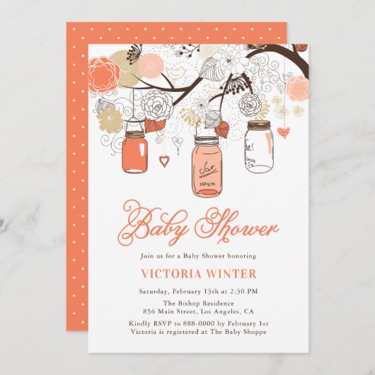 Peach Hanging Mason Jars Baby shower Kaart (Voorkant / Achterkant)