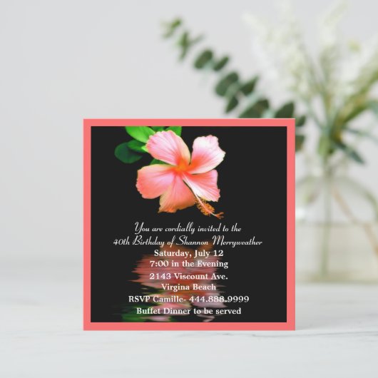 Peach Hibiscus Birthday Party Invitation Kaart (Staand voorkant)