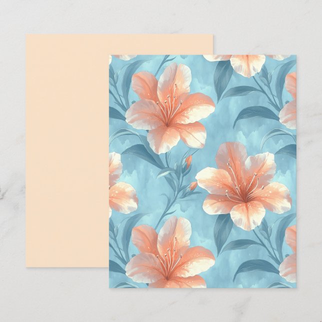 Peach Hibiscus Floral on Soft Blue Scrapbook Paper (Voorkant / Achterkant)