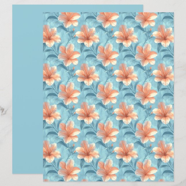 Peach Hibiscus Floral Scrapbook Paper (Voorkant / Achterkant)