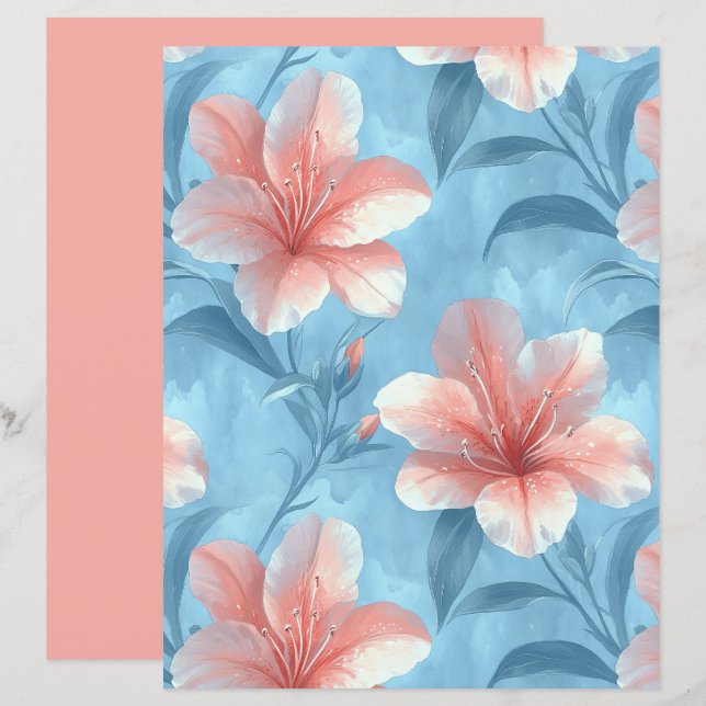 Peach Hibiscus Floral Scrapbook Paper (Voorkant / Achterkant)