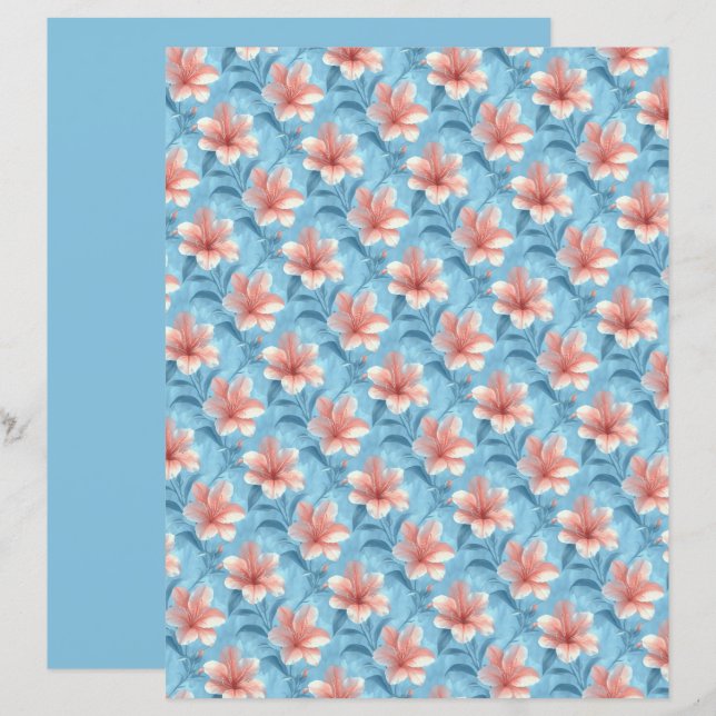 Peach Hibiscus Floral Scrapbook Paper (Voorkant / Achterkant)