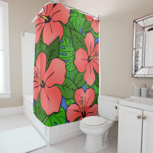 Peach Hibiscus & Monstera #2 Douchegordijn (In situ)