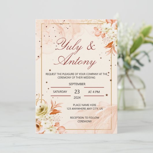 Peach Invitation boda durazno naranja claro Kaart (Staand voorkant)