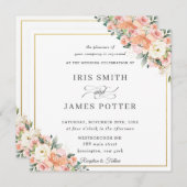 Peach ivory Blush Floral Gold Wedding Square Kaart (Voorkant / Achterkant)