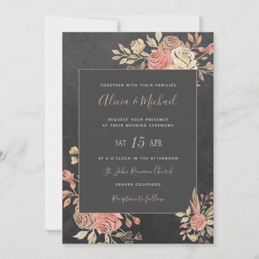 Peach Ivory Blush Moody Bloemen Donkergrijs Huweli Kaart (Voorkant)