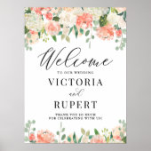 Peach Ivory Peony en Hydrangea Weddenschap Welcome Poster (Voorkant)