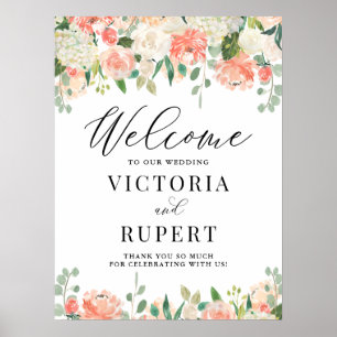Peach Ivory Peony en Hydrangea Weddenschap Welcome Poster