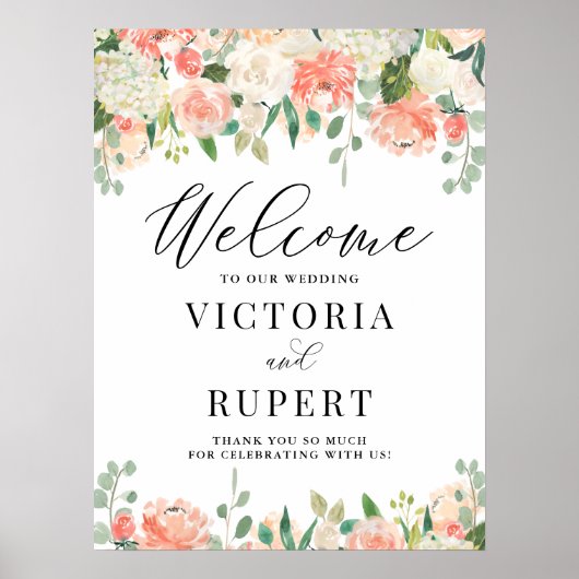 Peach Ivory Peony en Hydrangea Weddenschap Welcome Poster (Voorkant)