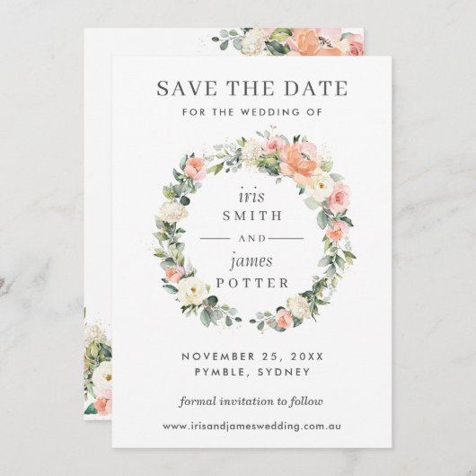 Peach ivory roze Floral Wedding Save the Date Kaar Kaart (Voorkant / Achterkant)