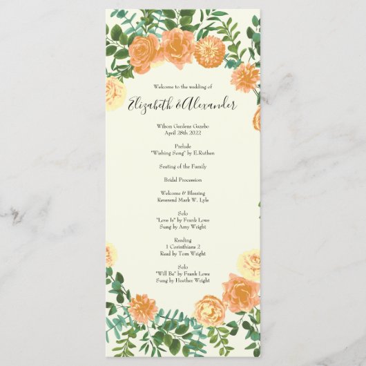 Peach Ivory Wedding Roos Menu (Voorkant)