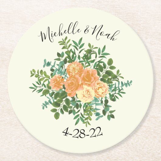 Peach Ivory Wedding  Roos Ronde Kartonnen Onderzetter (Voorkant)