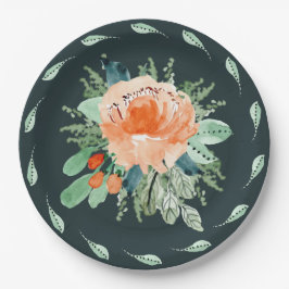 Peach Jade Blauwgroen Floral Waterverf Birthday Papieren Bordje