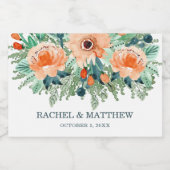 Peach Jade Blauwgroen Floral Waterverf Mini Sparkling Wijnetiket (Enkel label)