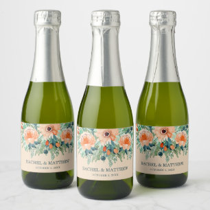 Peach Jade Blauwgroen Floral Waterverf Wedding Min Sparkling Wijnetiket