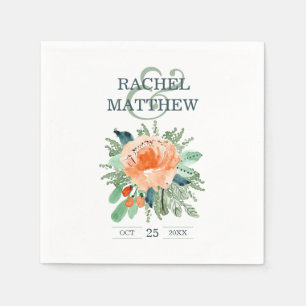 Peach Jade Blauwgroen Floral Waterverf Wedding Nap Servet