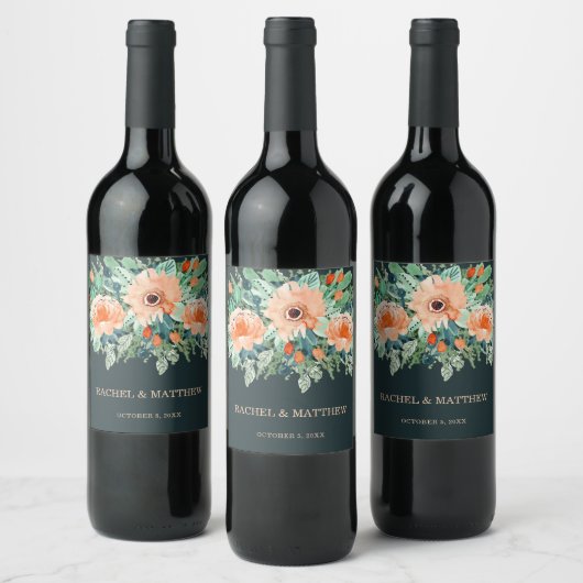 Peach Jade Blauwgroen Floral Waterverf Wijn Etiket (Flessen)