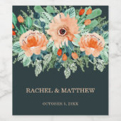 Peach Jade Blauwgroen Floral Waterverf Wijn Etiket (Enkel label)