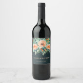 Peach Jade Blauwgroen Floral Waterverf Wijn Etiket (Voorkant)