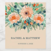 Peach Jade Blauwgroen Floral Waterverf Wijn Etiket (Enkel label)