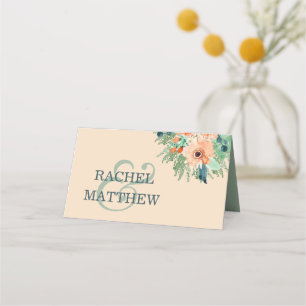 Peach Jade Blauwgroen Waterverf Wedding Plaatskaar Plaatskaartje