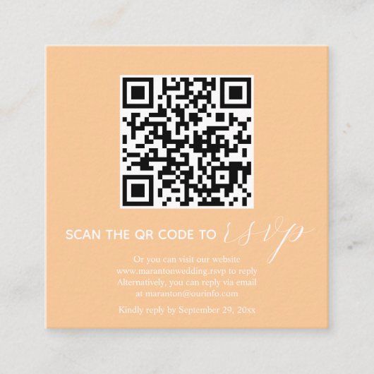 Peach kalligrafie QR code RSVP foto val bruiloft Informatiekaartje (Voorkant)