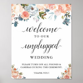 Peach koral Floral Unplugged Wedding Ceremony Sign Poster