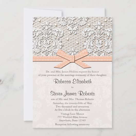 Peach  Lace and Pearl Wedding Invitations Kaart (Voorkant)