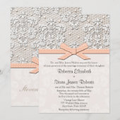 Peach  Lace and Pearl Wedding Invitations Kaart (Voorkant / Achterkant)