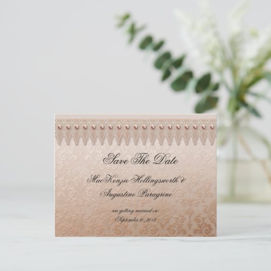 Peach Lace en Damask Bewaar de datum Aankondigingskaart (Staand voorkant)