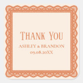 Peach Lace Label, Wedding Thank You Vierkante Sticker (Voorkant)