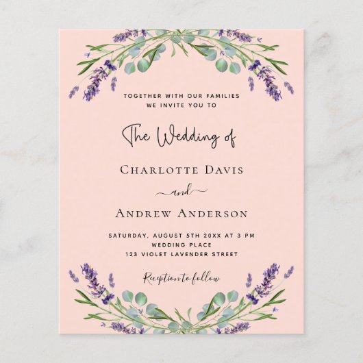 Peach lavendel violet budget bruiloft uitnodiging (Voorkant)