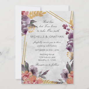 Peach Lavender Floral Gold Lijst Christelijk huwel Kaart