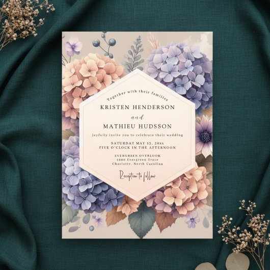 Peach Lavender Hydrangea Floral Wedding Kaart