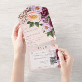 peach Lavender & maroon Peonies QR-code All In One Uitnodiging (Afscheurbaar)