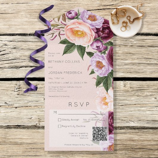 peach Lavender & maroon Peonies QR-code All In One Uitnodiging