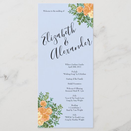 Peach Light Blue Peony Roos Floral Wedding Program Menu (Voorkant)