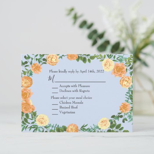 Peach Light Blue Wedding Rozen Floral Kaart (Staand voorkant)