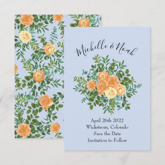 Peach Light Blue Wedding Rozen Floral Kaart (Voorkant / Achterkant)
