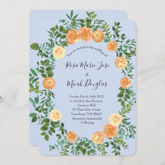 Peach Light Blue Wedding Rozen Floral Kaart (Voorkant / Achterkant)