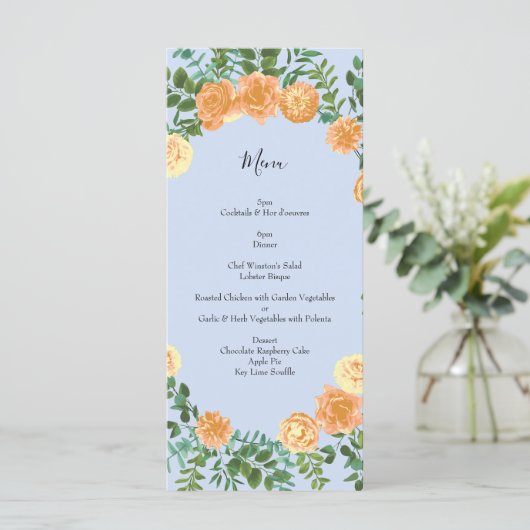Peach Light Blue Wedding Rozen Floral Menu (Staand voorkant)
