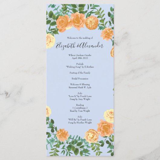 Peach Light Blue Wedding Rozen Floral Menu (Voorkant)