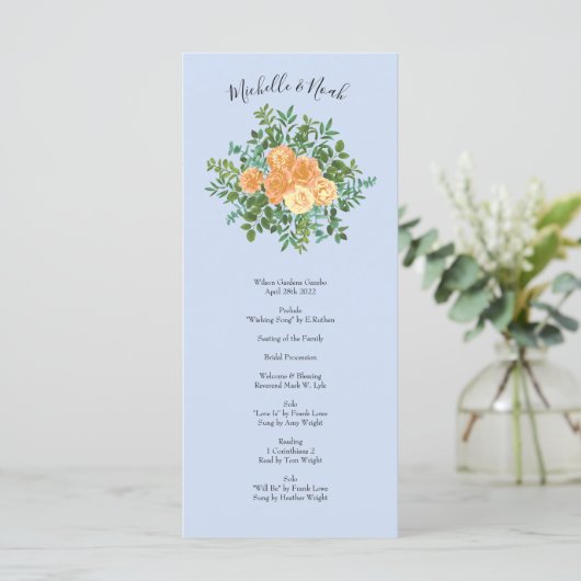 Peach Light Blue Wedding Rozen Floral Menu (Staand voorkant)
