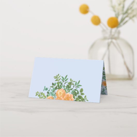 Peach Light Blue Wedding Rozen Floral Plaatskaartje (Voorkant)