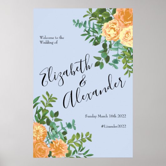 Peach Light Blue Wedding Rozen Floral Poster (Voorkant)