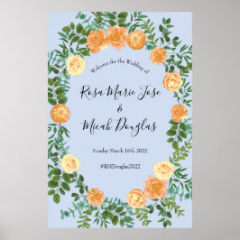 Peach Light Blue Wedding Rozen Floral Poster