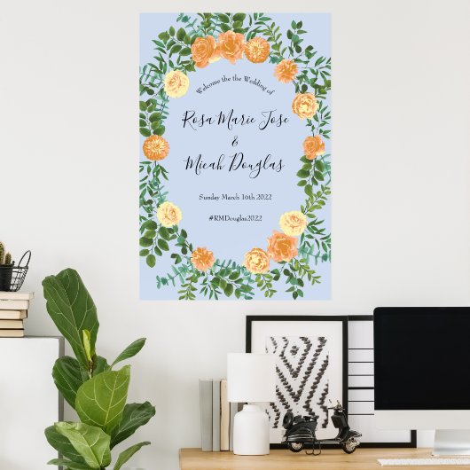 Peach Light Blue Wedding Rozen Floral Poster (Thuiskantoor)
