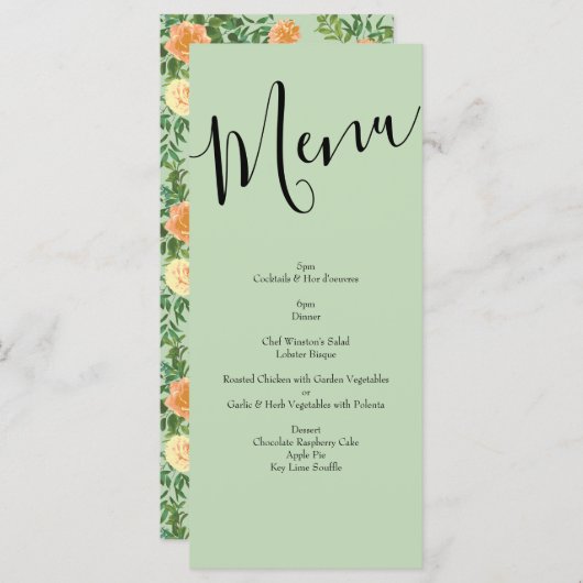 Peach Light Green Peony & Roos Floral Wedding Menu (Voorkant / Achterkant)