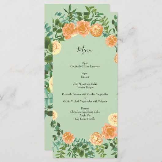 Peach Light Green Peony & Roos Floral Wedding Menu (Voorkant / Achterkant)