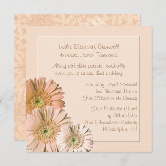 Peach Linen Gerber Daisy Custom Wedding Invitation Kaart (Voorkant / Achterkant)